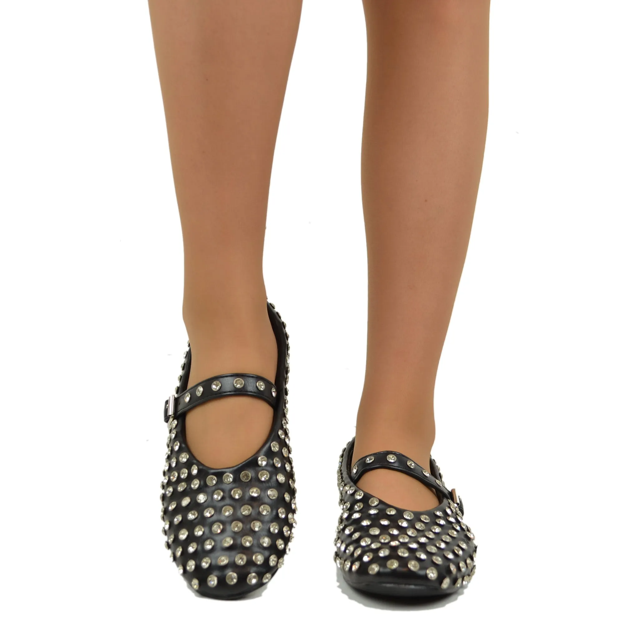 Ballerine Con Borchie e Strass in Similpelle Paperine Nere