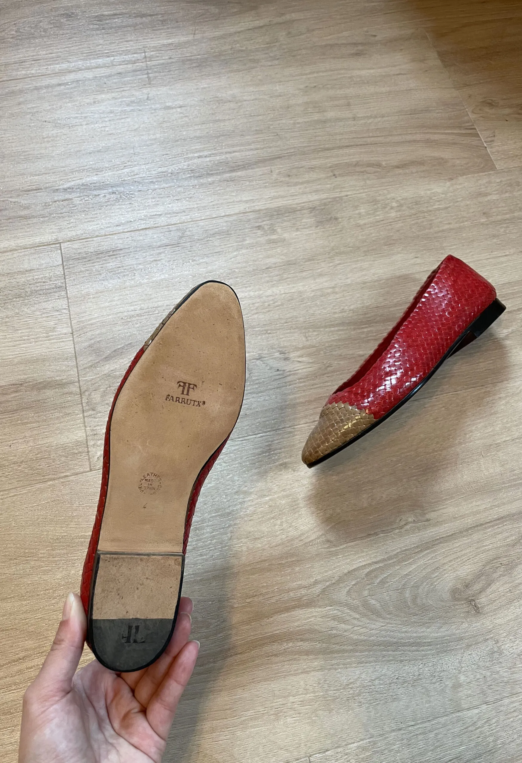 Ballerine vintage in pelle intrecciata rossa e beige