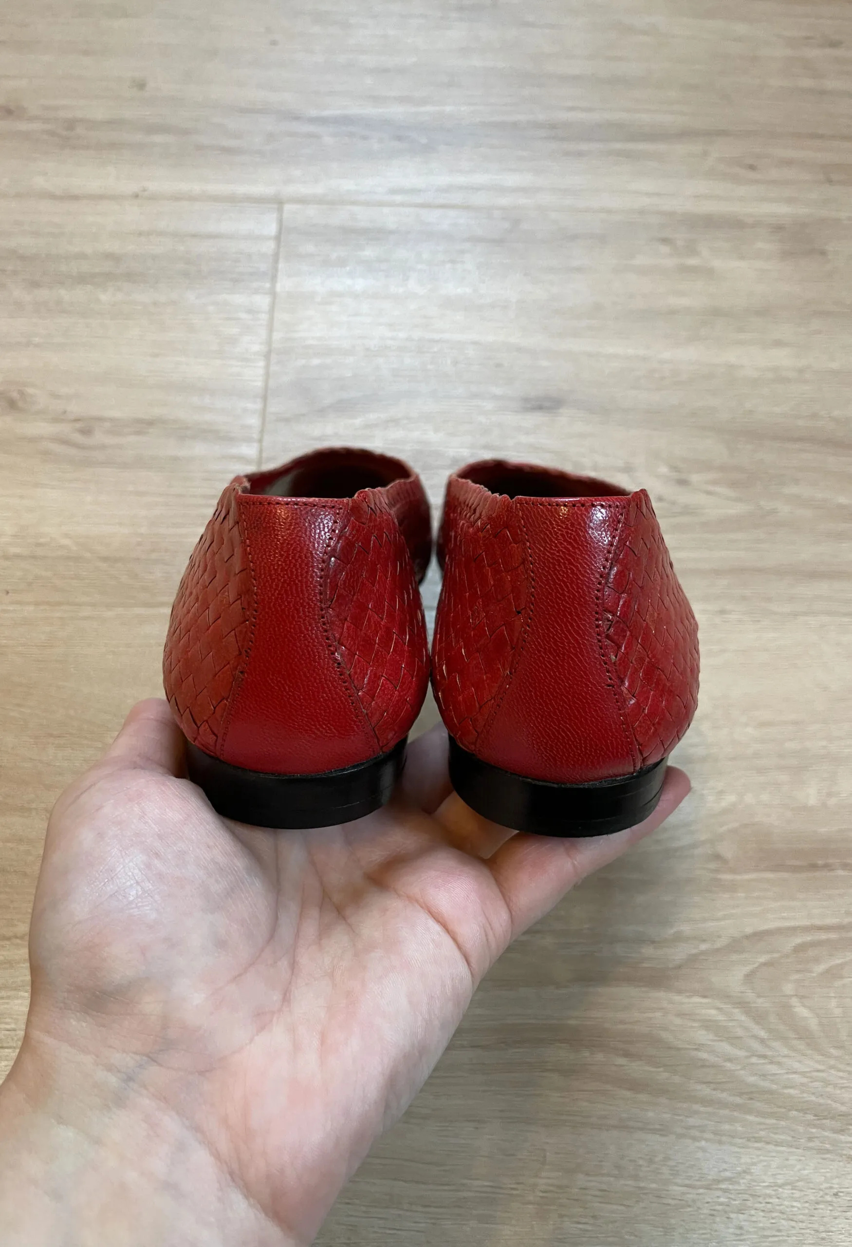 Ballerine vintage in pelle intrecciata rossa e beige