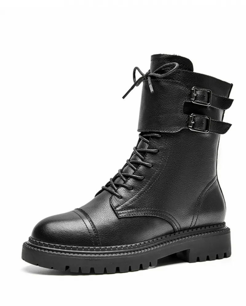 Beautoday Stivali da Moto Donna Pelle di Mucca Chiusura con Cerniera Fibbia Decorazione Stringata Stivali Invernali da Donna Fat