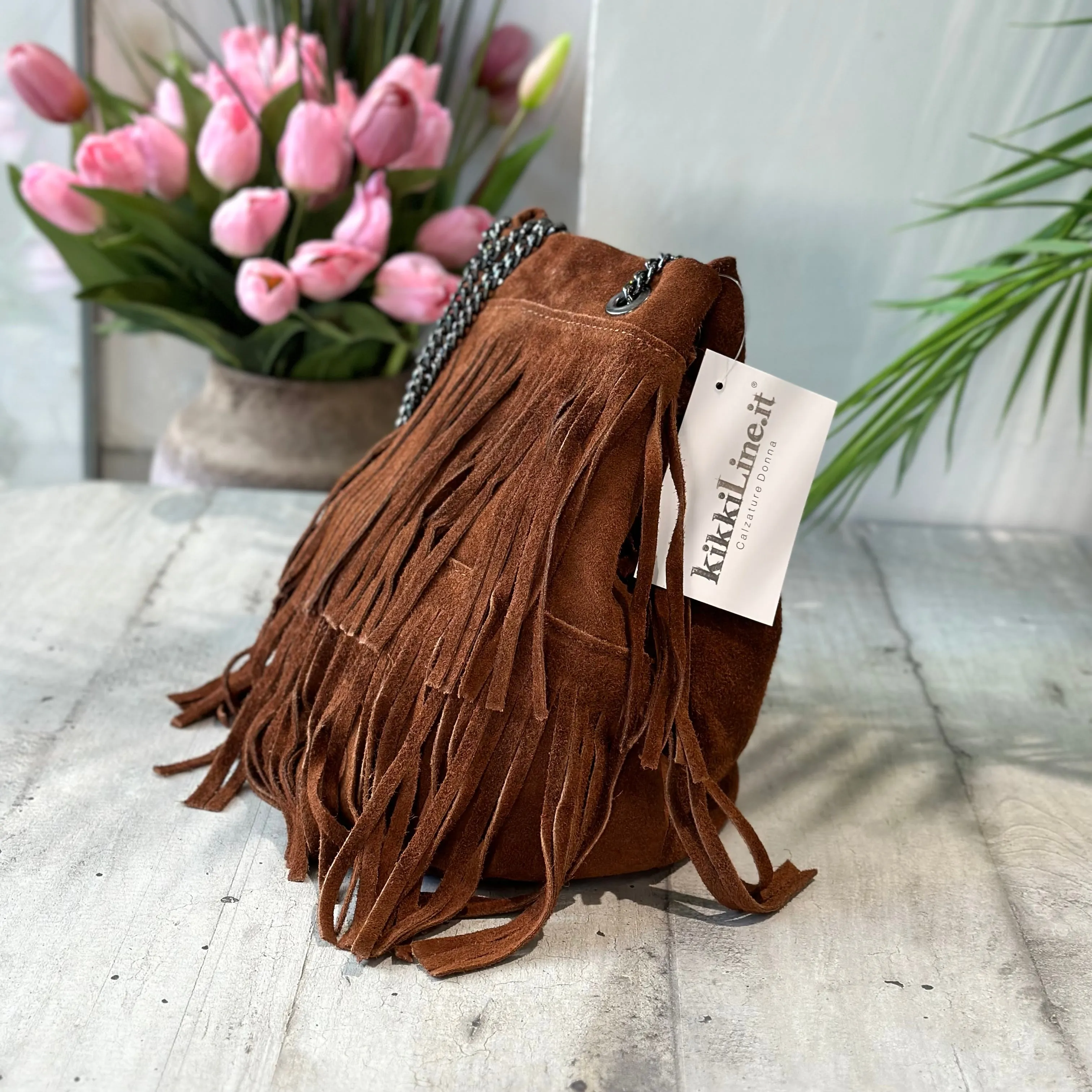 Borsa a Secchiello con Frange Sigar in Pelle Scamosciata Tracolla Catena