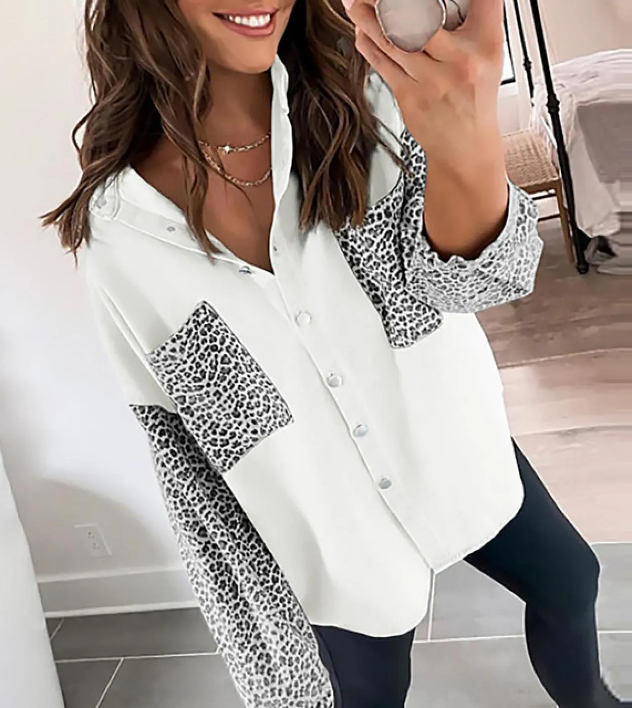 Camicia da cowboy casual leopardata con patchwork camicetta da donna Camicie con bottoni a maniche lunghe autunnali Top vestiti