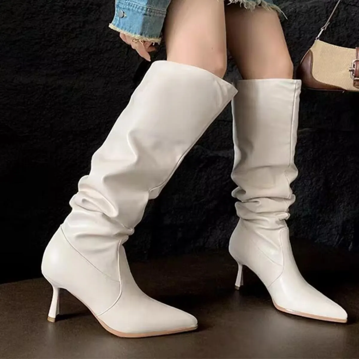 Donna Inverno Moda Stivali con tacco medio Goth Tacchi alti al ginocchio Scarpe 2023 Nuove pompe Casual Punta a punta Donna Chel