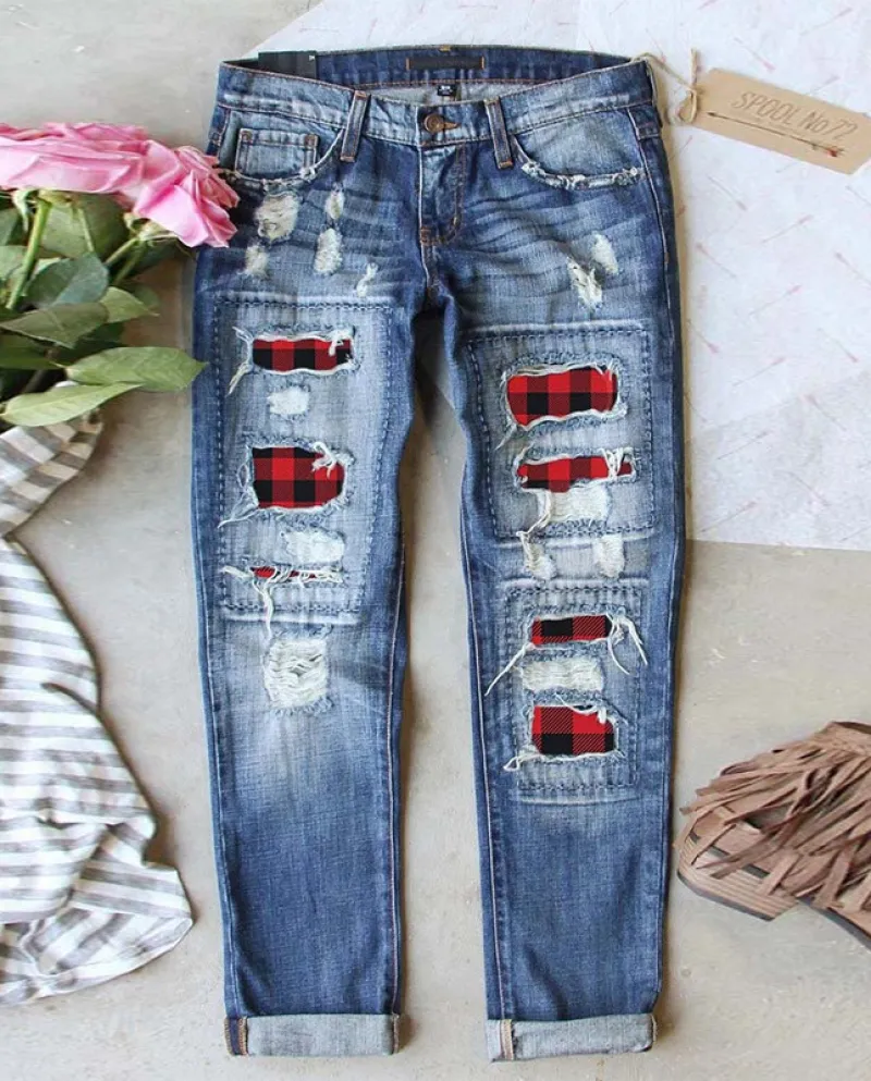 Factory Direct Sales Women's Jeans Red Plaid Ripped Women's Jeans Trousers