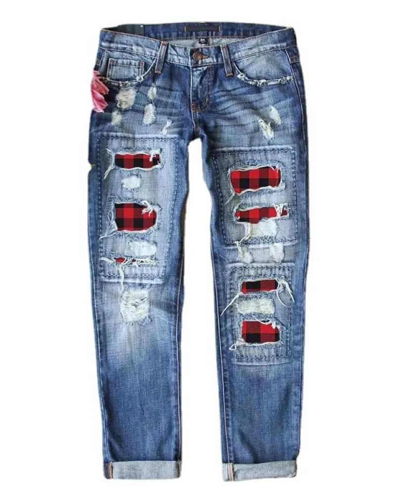 Factory Direct Sales Women's Jeans Red Plaid Ripped Women's Jeans Trousers