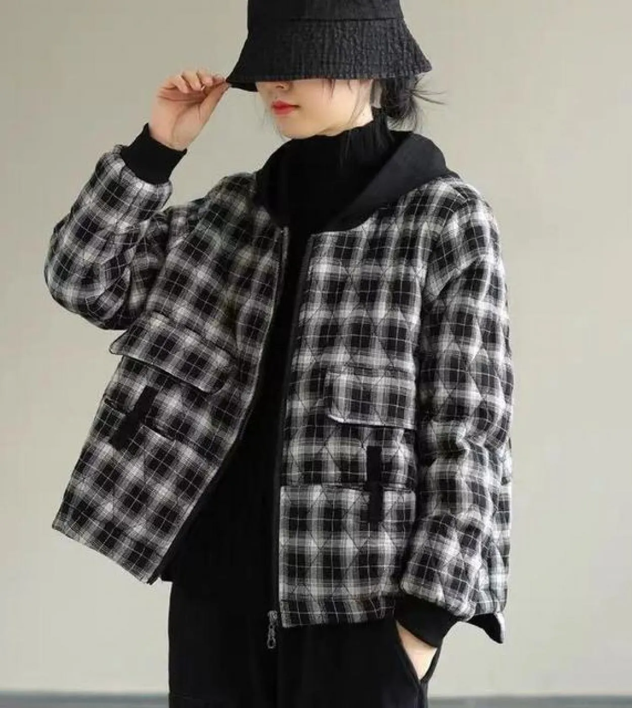 Giacche scozzesi con fodera in cotone sciolto a maniche lunghe da donna in stile autunno artistico Cappotti corti con cappuccio