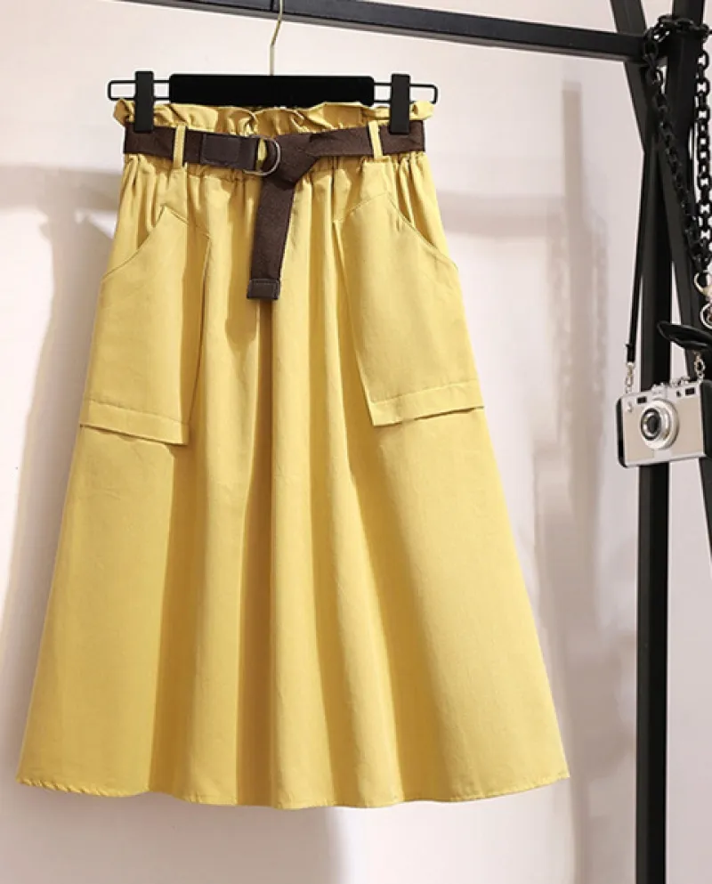 Gonna estiva midi al ginocchio da donna con cintura in cotone casual primaverile