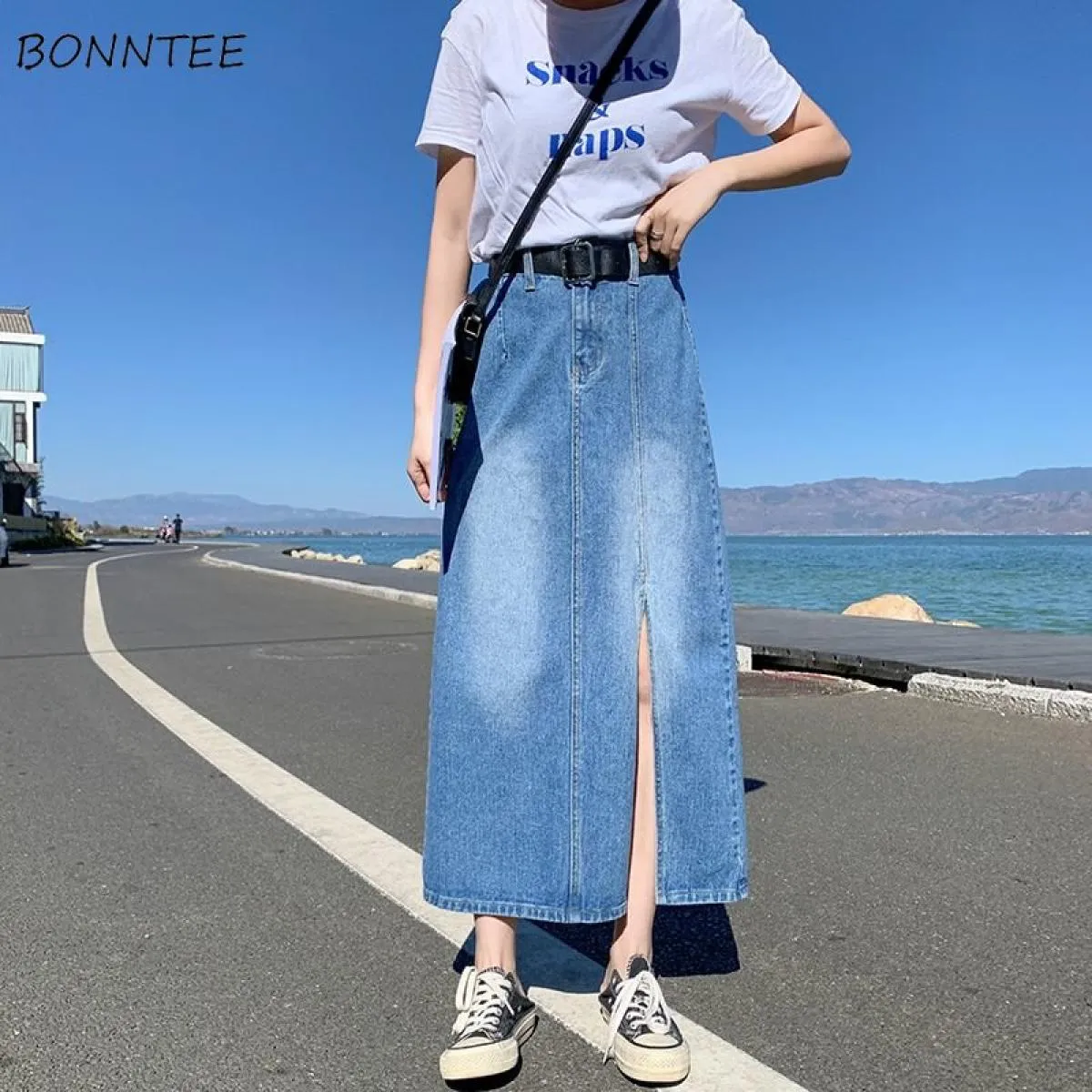 Gonne di jeans midi Donna M 4xl Vita alta Lunga A Line Cowboy Stile casual Moda vintage Nuovo arrivo Primavera Estate Fald