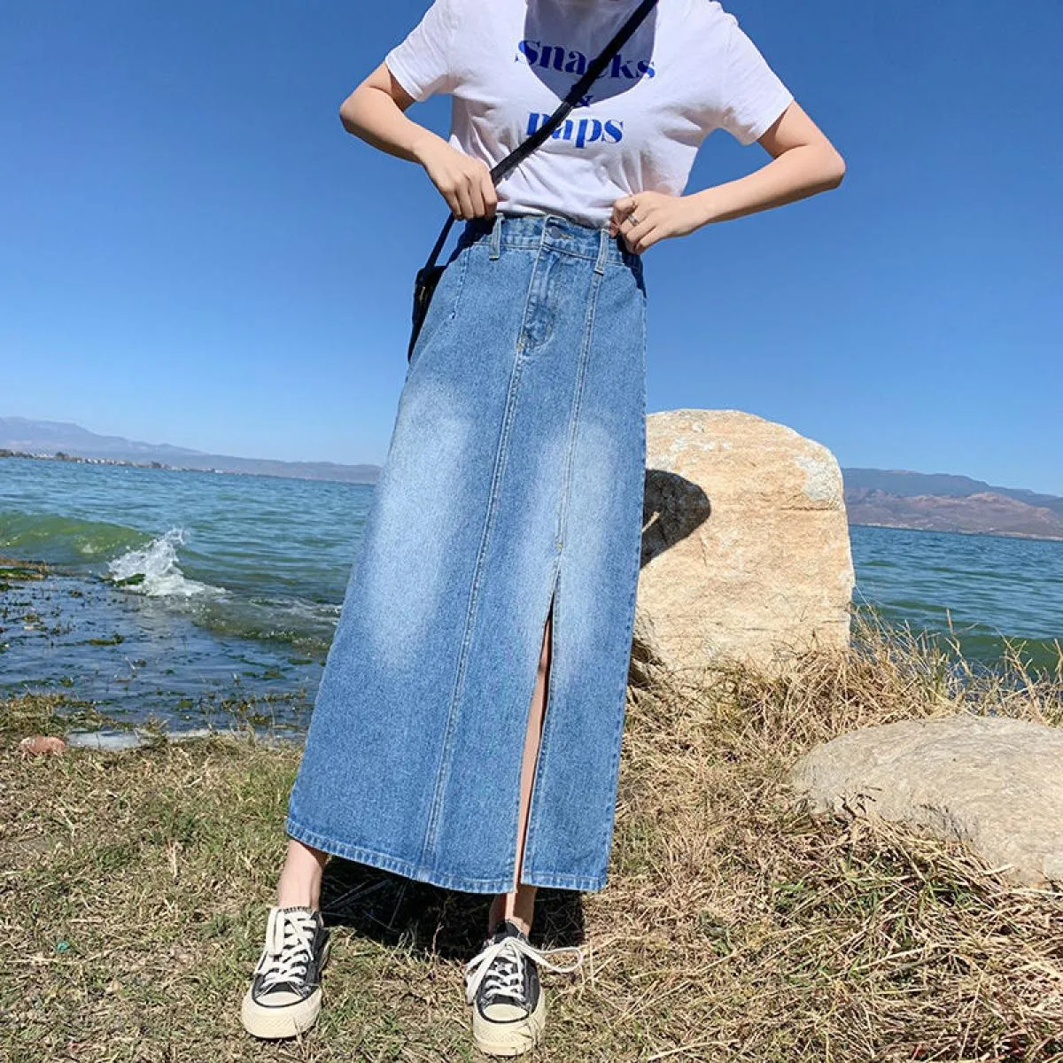 Gonne di jeans midi Donna M 4xl Vita alta Lunga A Line Cowboy Stile casual Moda vintage Nuovo arrivo Primavera Estate Fald