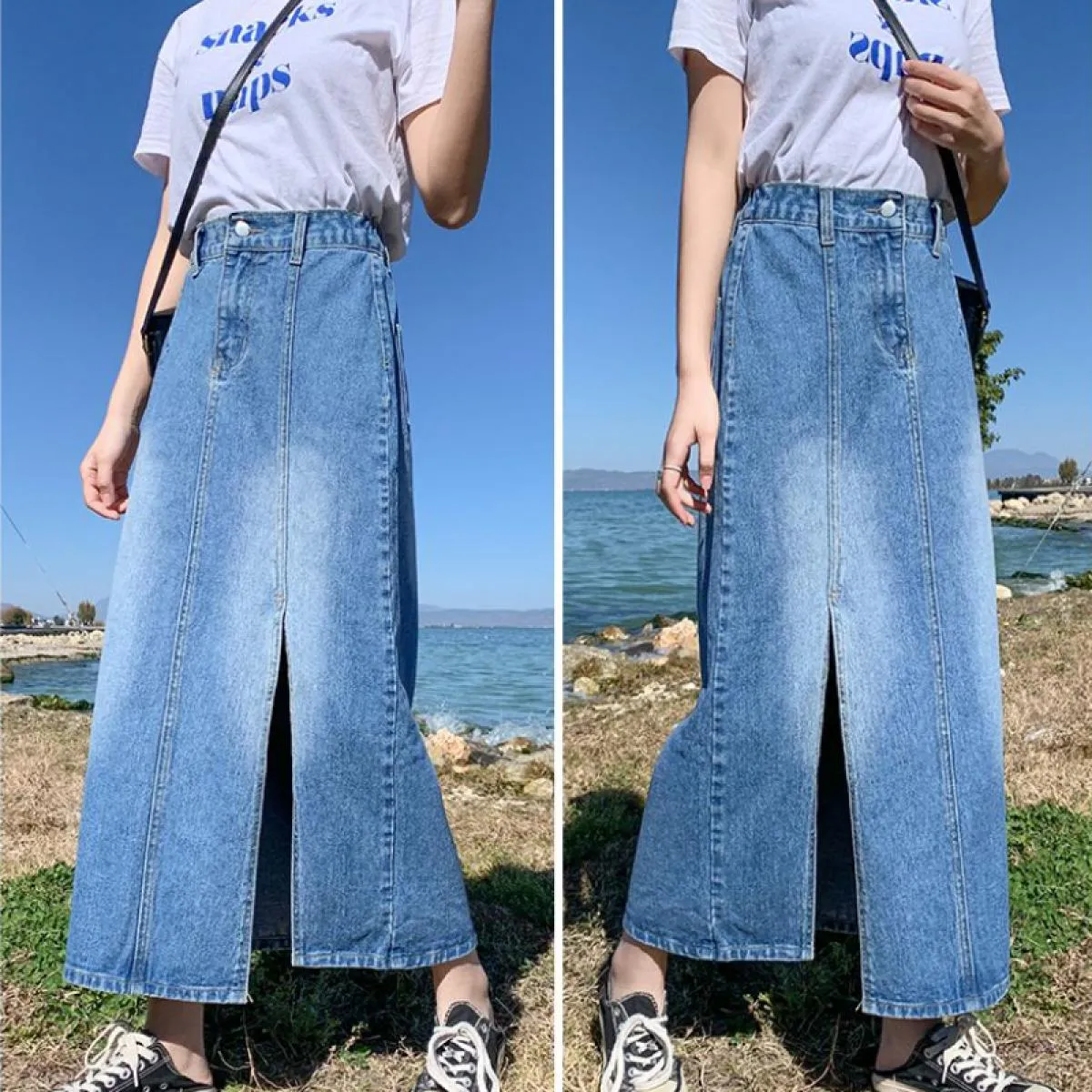 Gonne di jeans midi Donna M 4xl Vita alta Lunga A Line Cowboy Stile casual Moda vintage Nuovo arrivo Primavera Estate Fald