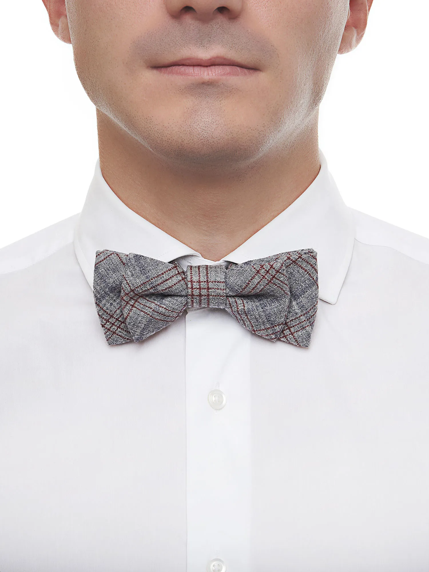 Grey and red plaid double bow tie in wool