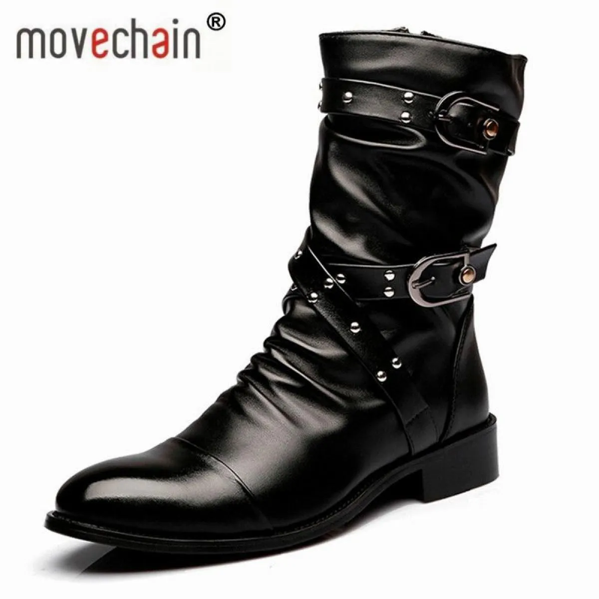 Movechain Nuovo arrivato uomo Rivetti in vera pelle Stivali punk Uomo Casual Fibbia Zip Appartamenti Stivali Martin alla moda da