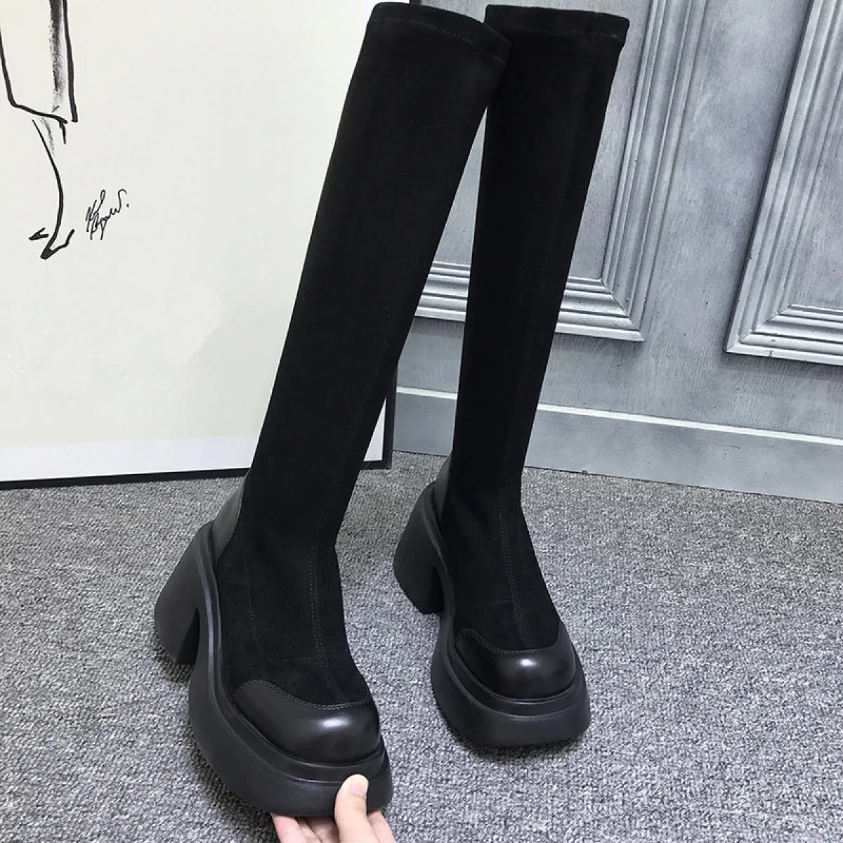 Nuovi stivali con plateau alti al ginocchio scarpe da donna con tacco medio spesso autunno inverno stilista da donna punk stival