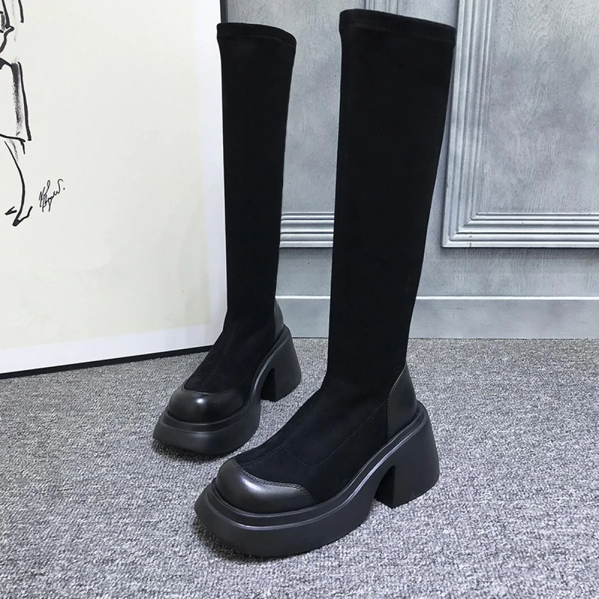 Nuovi stivali con plateau alti al ginocchio scarpe da donna con tacco medio spesso autunno inverno stilista da donna punk stival