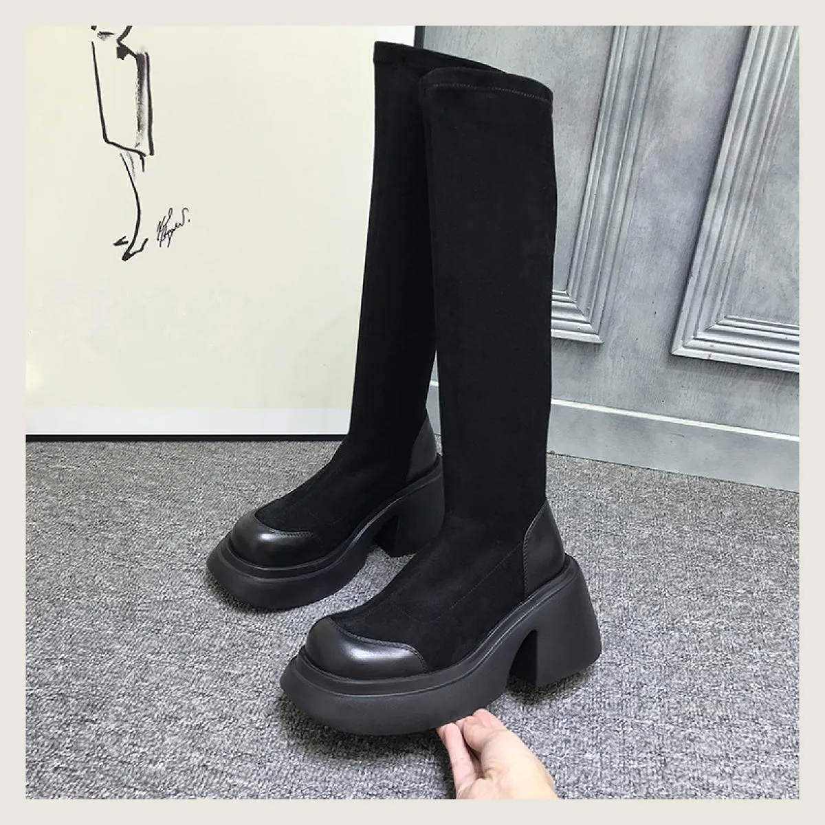 Nuovi stivali con plateau alti al ginocchio scarpe da donna con tacco medio spesso autunno inverno stilista da donna punk stival