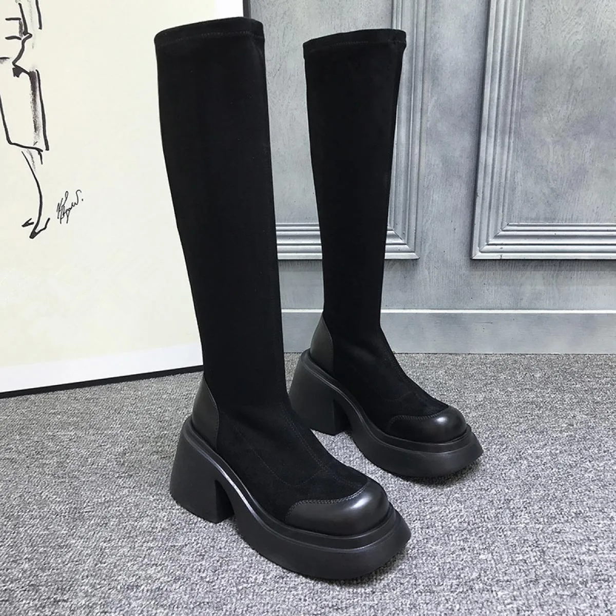 Nuovi stivali con plateau alti al ginocchio scarpe da donna con tacco medio spesso autunno inverno stilista da donna punk stival