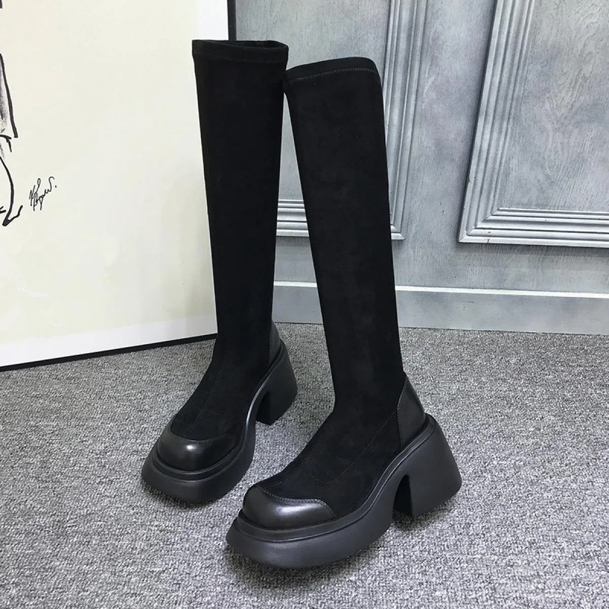Nuovi stivali con plateau alti al ginocchio scarpe da donna con tacco medio spesso autunno inverno stilista da donna punk stival