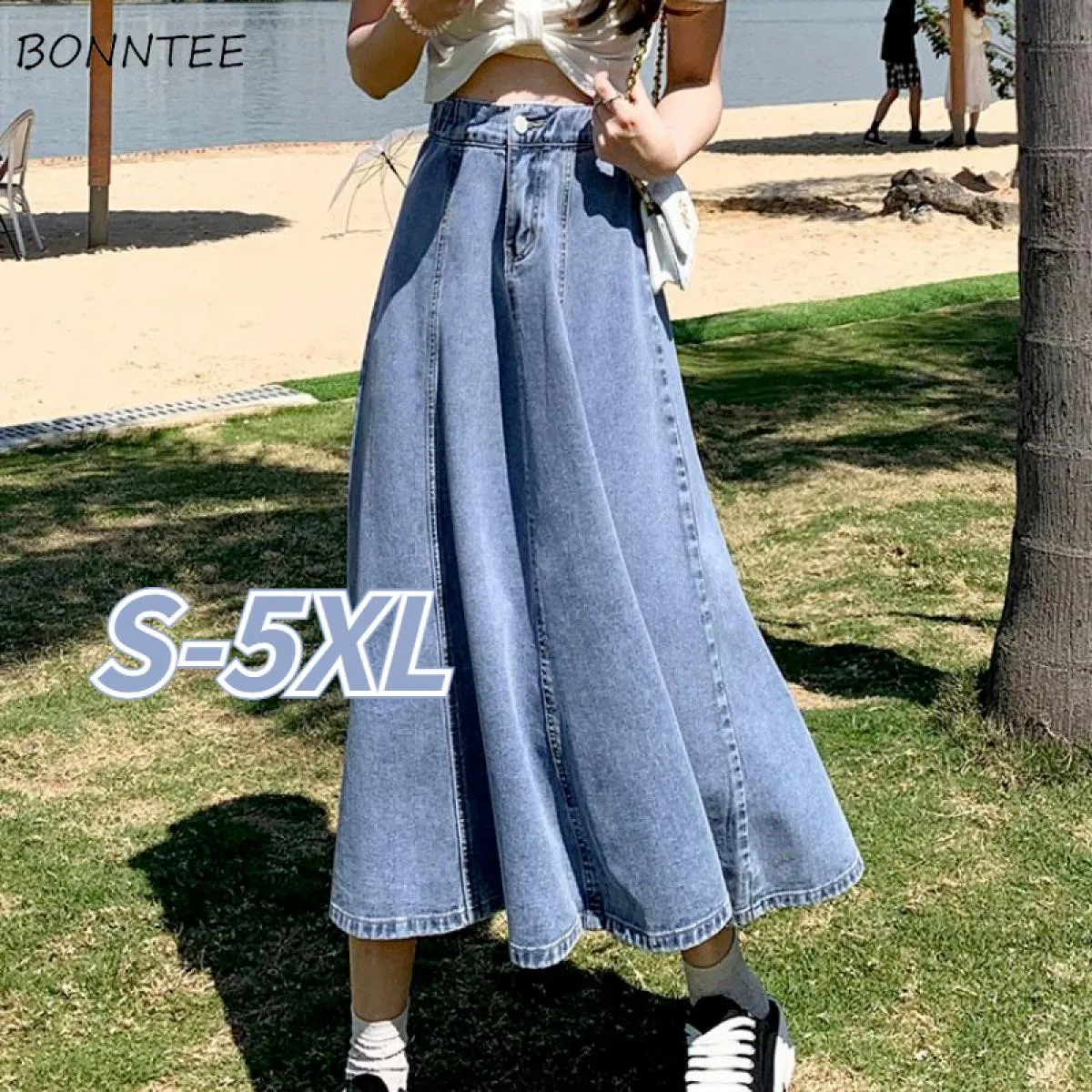 S 5xl Gonne Donna Midi Studenti estivi Novità Vita alta Una linea Denim Cowboy Basic Semplice Casual Streetwear Ins Holiday