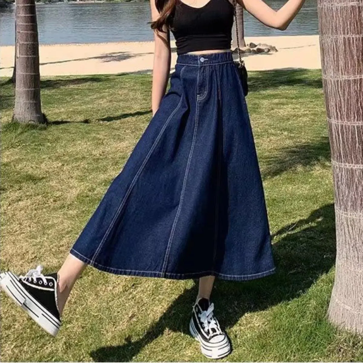 S 5xl Gonne Donna Midi Studenti estivi Novità Vita alta Una linea Denim Cowboy Basic Semplice Casual Streetwear Ins Holiday