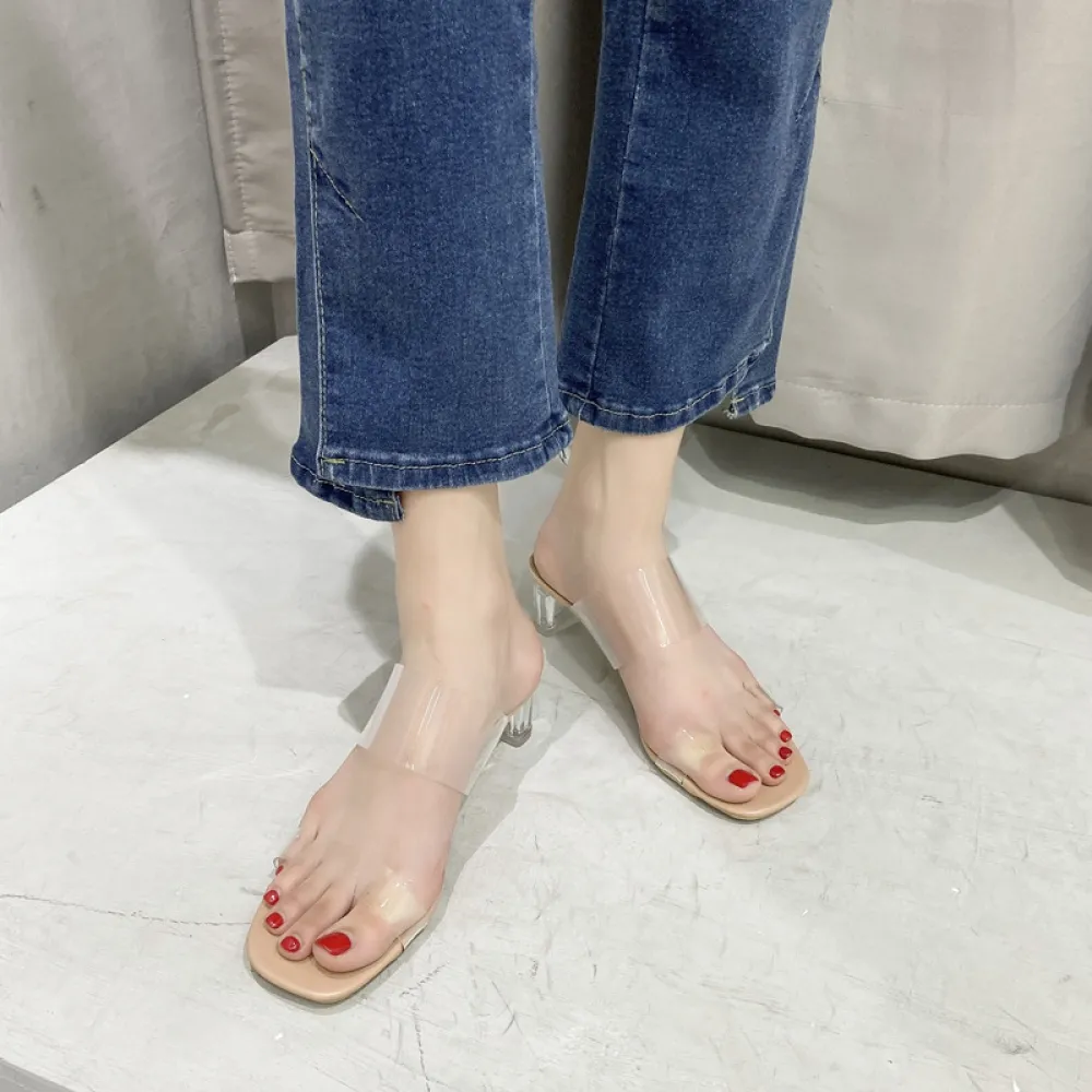 Sandali da donna con tacco alto a una linea 2024 Sandali di cristallo con tacco medio trasparenti con tacco spesso