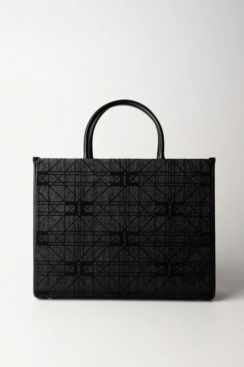 Shopper grande in rafia con logo Nero