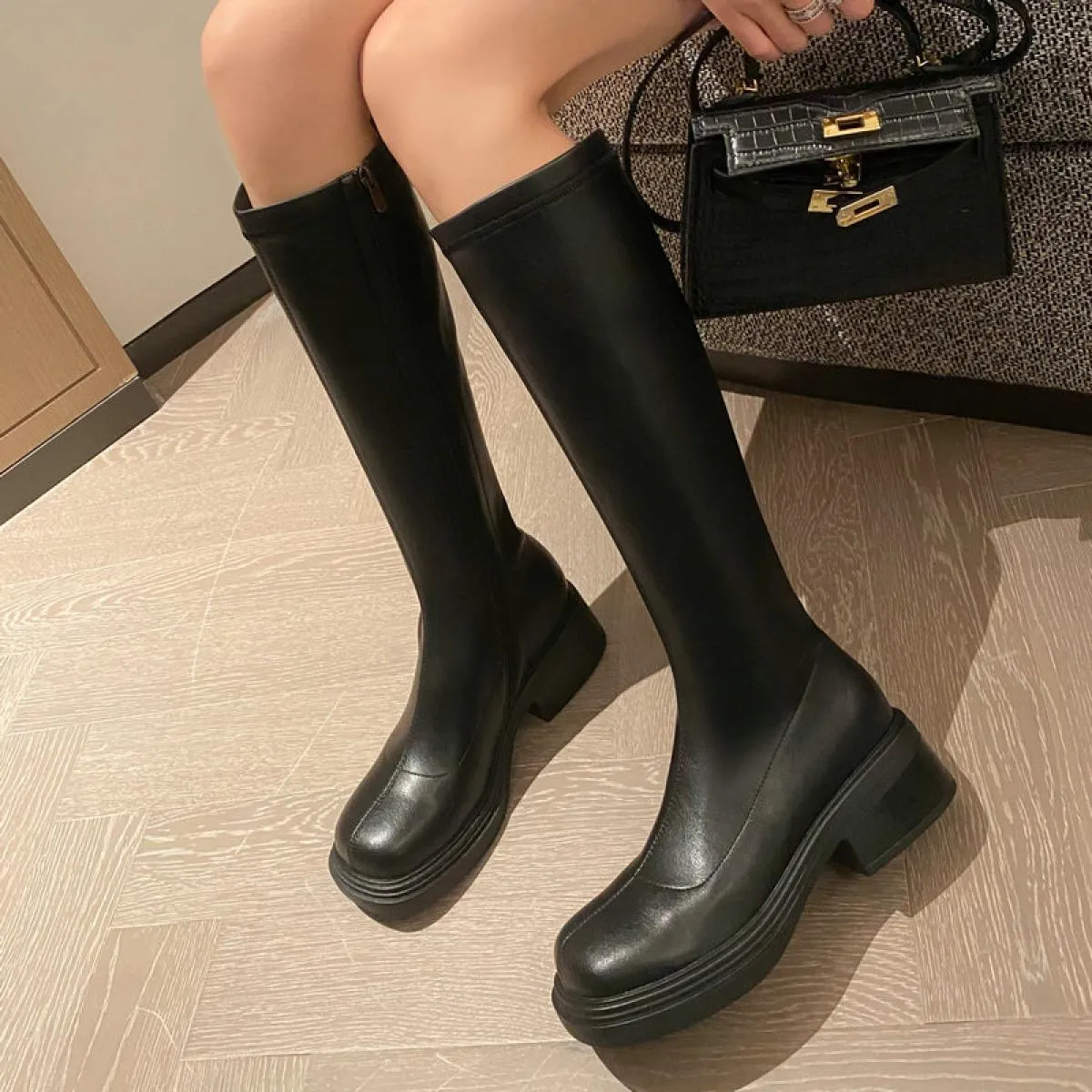 Stivali alti al ginocchio da donna con plateau e tacco quadrato in vera pelle Primavera Autunno Casaul Scarpe da moto Donna Tagl