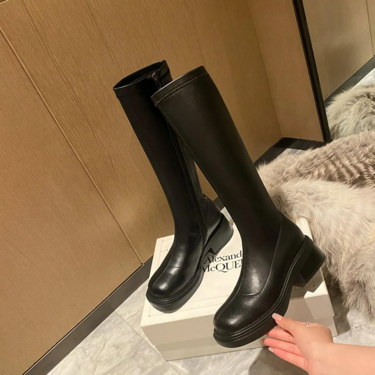 Stivali alti al ginocchio da donna con plateau e tacco quadrato in vera pelle Primavera Autunno Casaul Scarpe da moto Donna Tagl