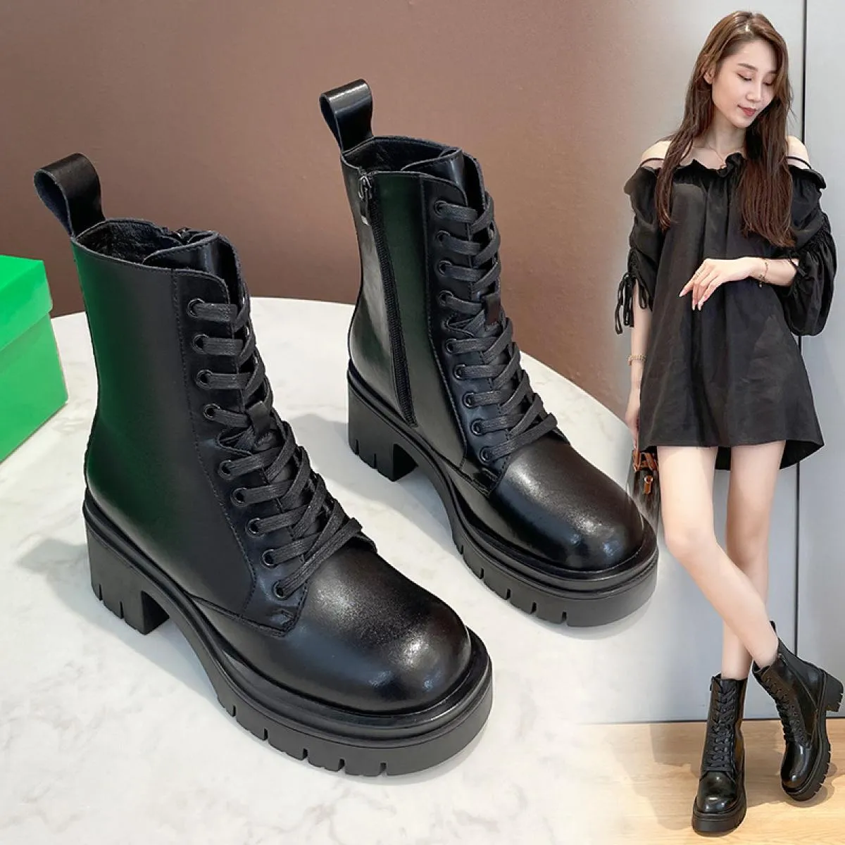 Stivali con tacchi alti da discoteca per feste di moda da donna in stile britannico Scarpe in vera pelle nere Stivali con piatta
