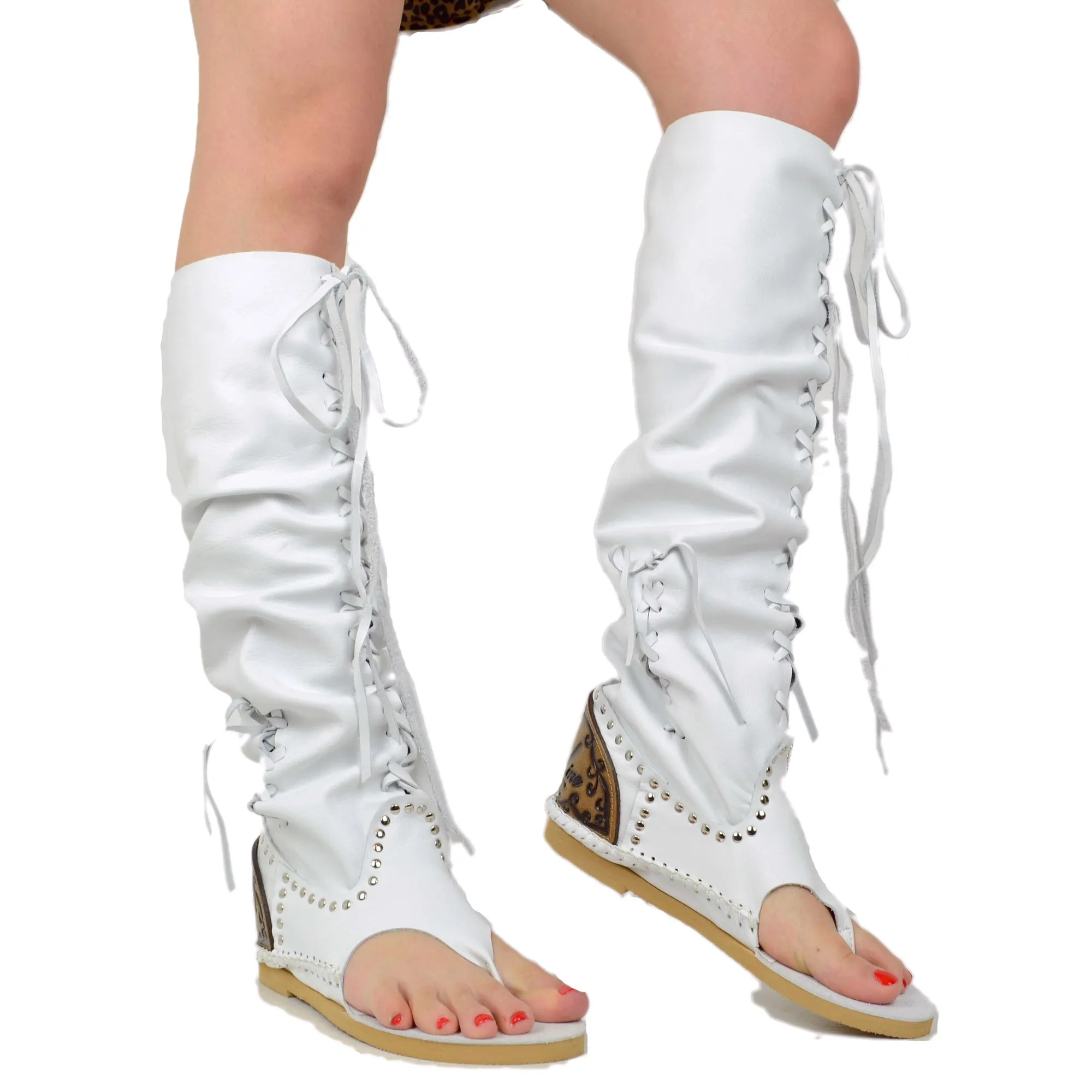 Stivali Indianini Donna Infradito Bianchi con Lacci Made in Italy