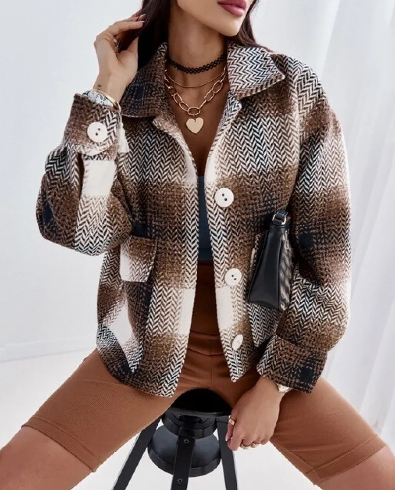 Winter Jacket Women Coat Loose Plaid Thick Coat Fashion Cropped Flannel Wool Blend Plaid Jacket Long Sleeve Button Down