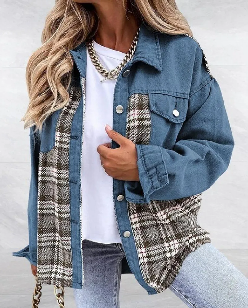 Women Casual Plaid Jackets Autumn And Winter Loose Denim Plaid Caots Fashion Long Sleeve Jacket Womens Casual Jacket Out
